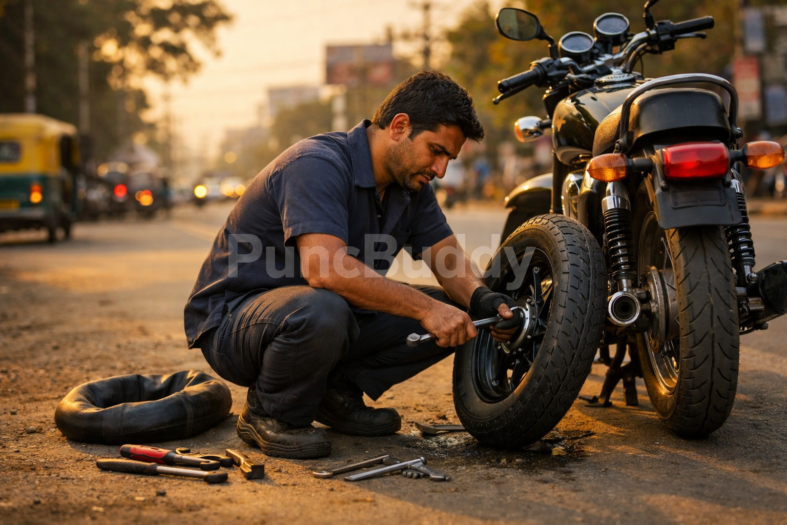 Mechanic repairing flat tyre on motorcycle, Bangalore roadside