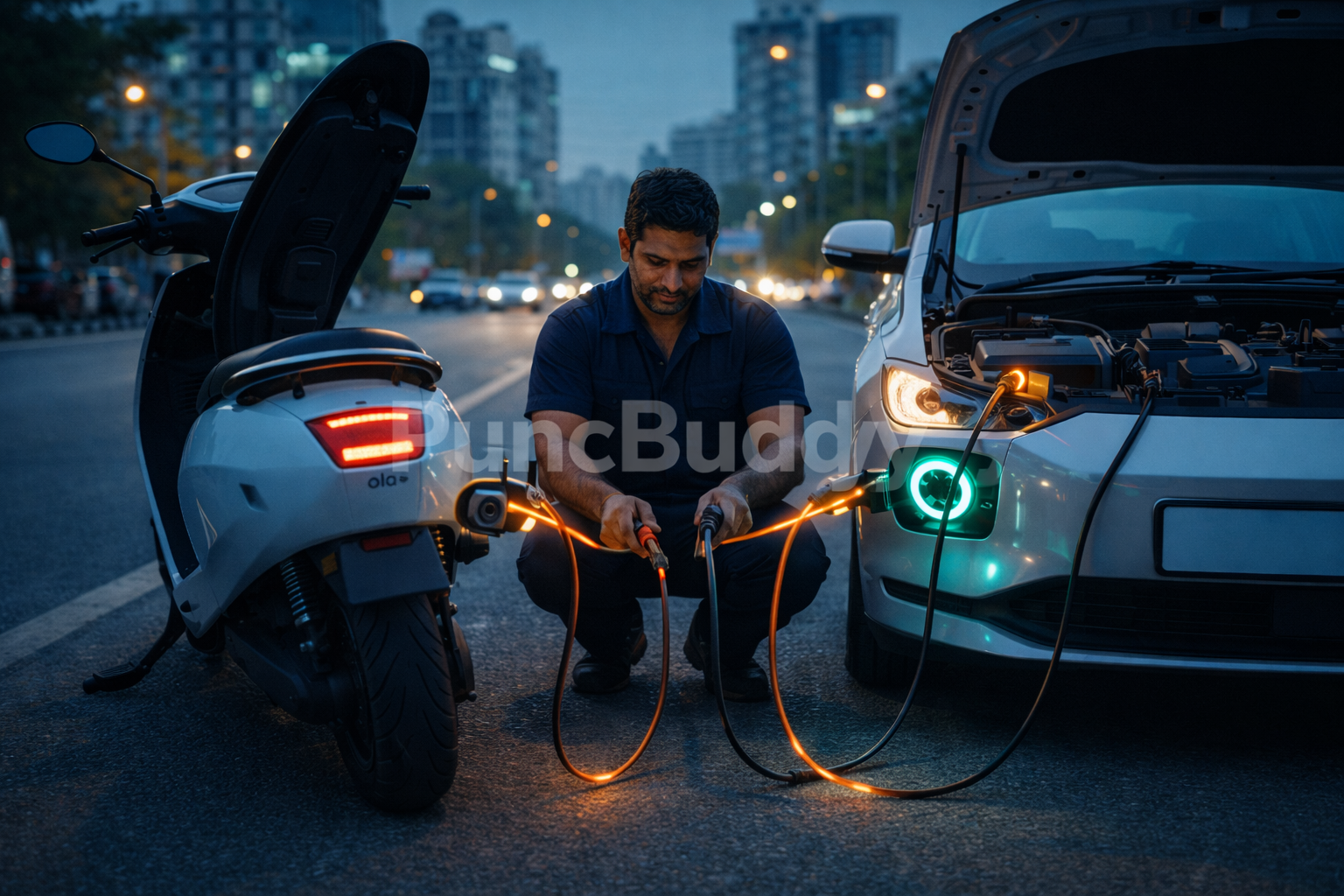 Technician connecting jumper cables to Tata Nexon EV or MG ZS EV